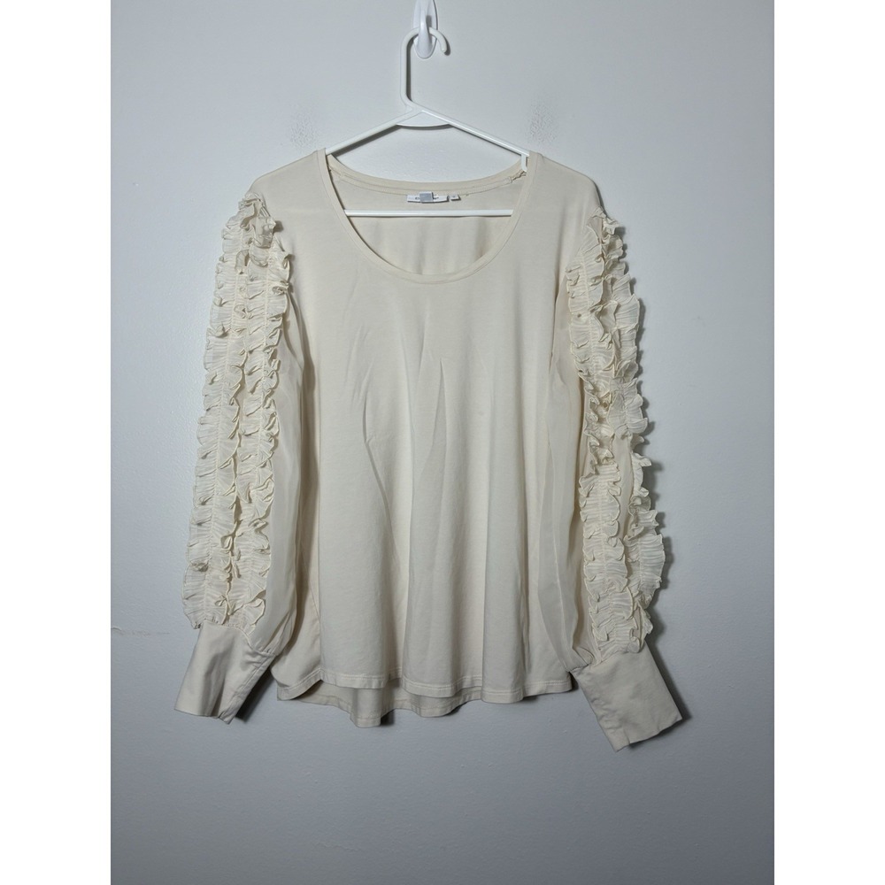 Chicos Long Sleeve Blouse With Ruffle Sleeves Sz M Ivory Contemporary Casual